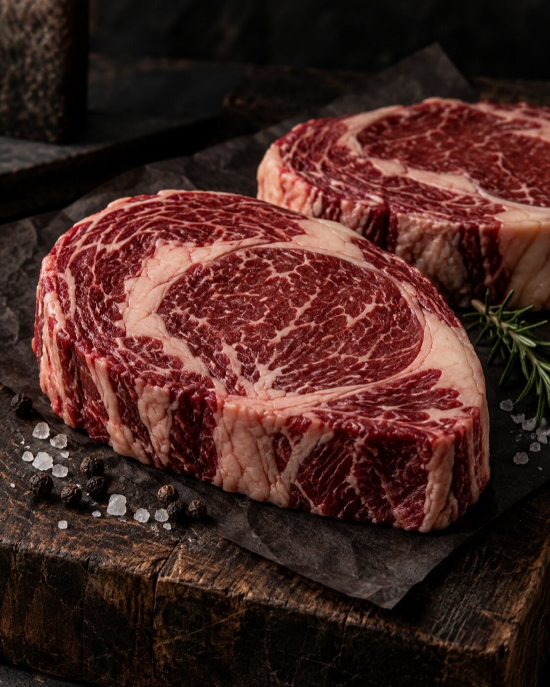 Two thick-cut marbled ribeye steaks on a board