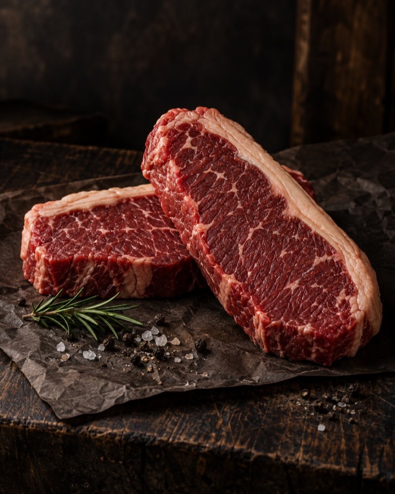 Sirloin steaks with a strip of fat along the edge