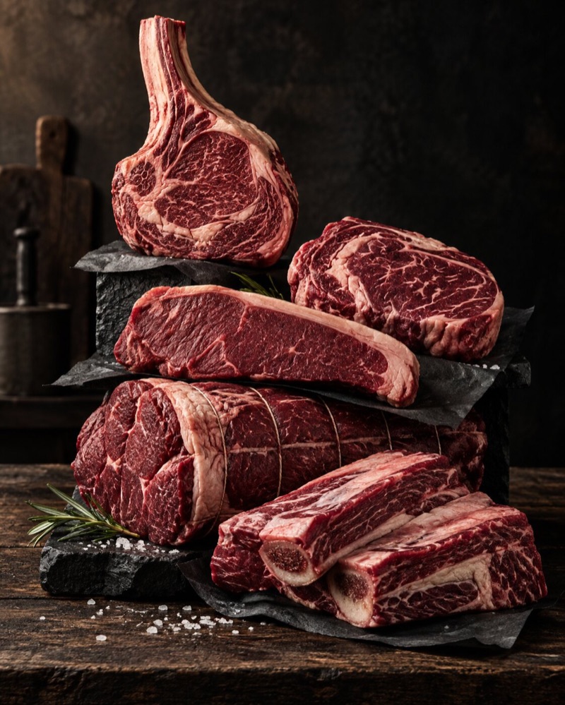 Tomahawk, ribeye and sirloin steaks stacked on a wooden board