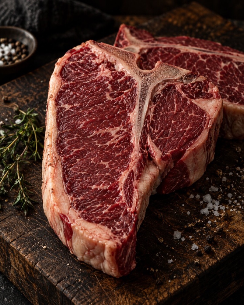A thick T-bone steak showing sirloin and fillet either side of the bone