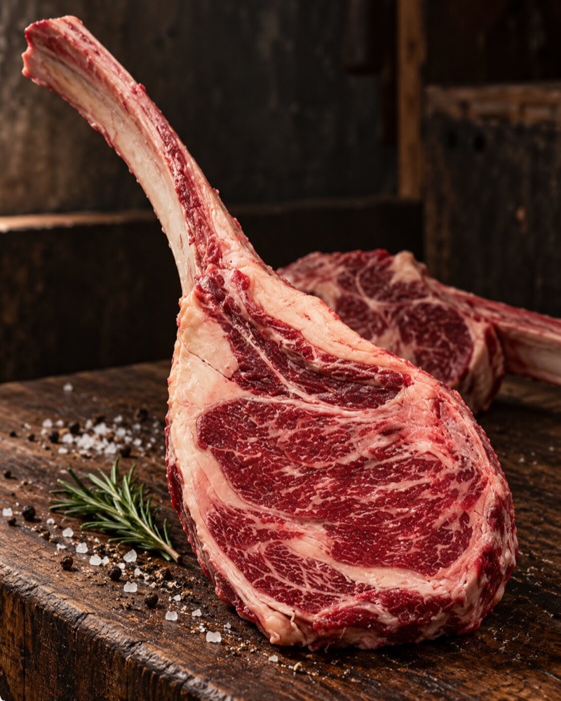 Tomahawk steak with the long rib bone left on