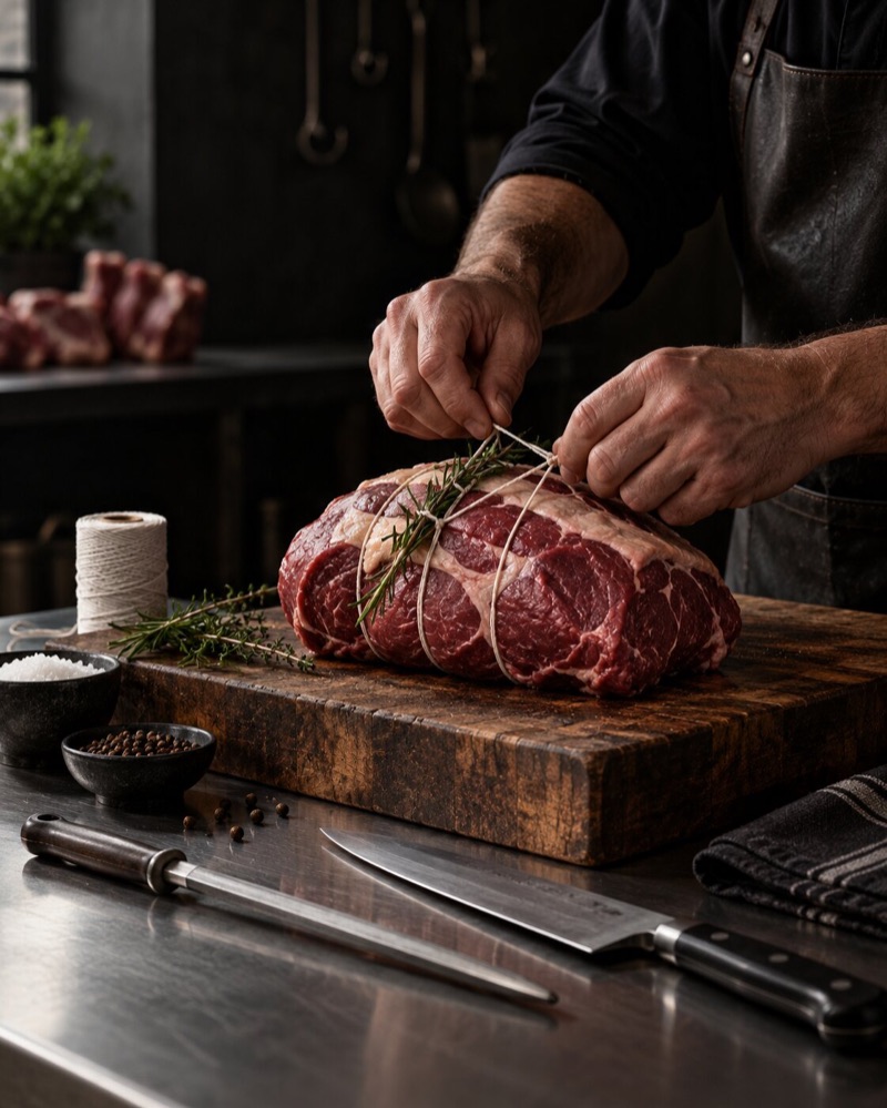 A butcher tying a beef joint with string on a wooden block