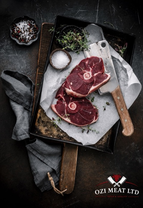 Lamb leg steaks on a butcher’s tray
