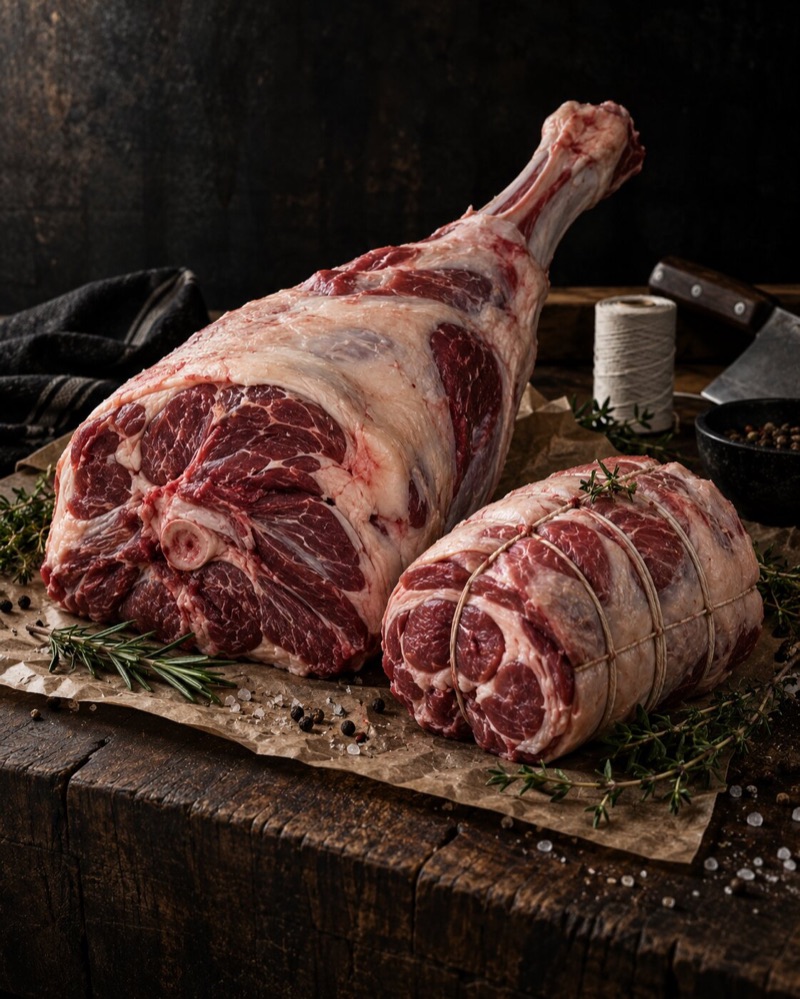 Lamb on the bone beside a rolled lamb joint