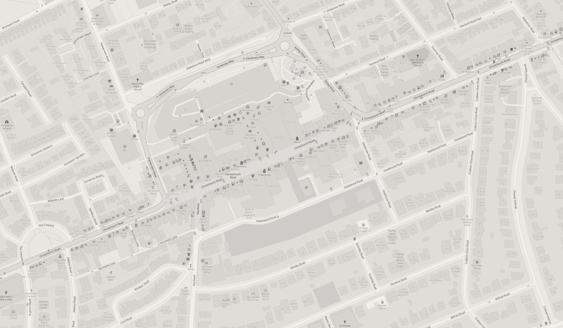 Map of Boscombe with Ozi Meat LTD marked on Christchurch Road, opposite the Sovereign Centre