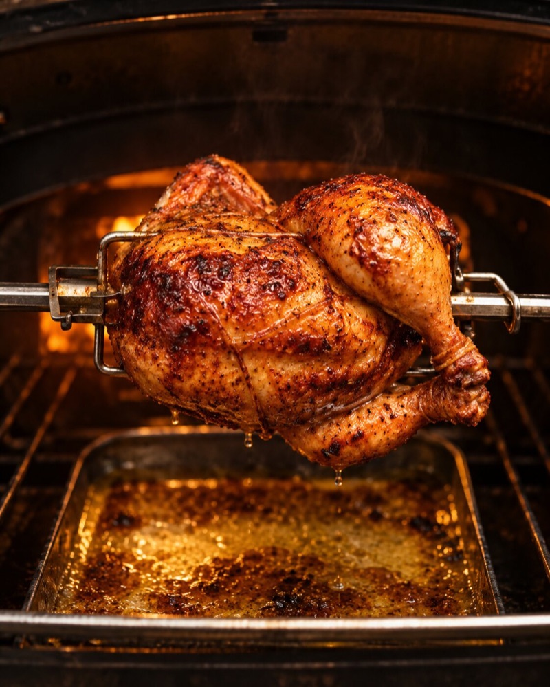 A whole chicken turning on the rotisserie
